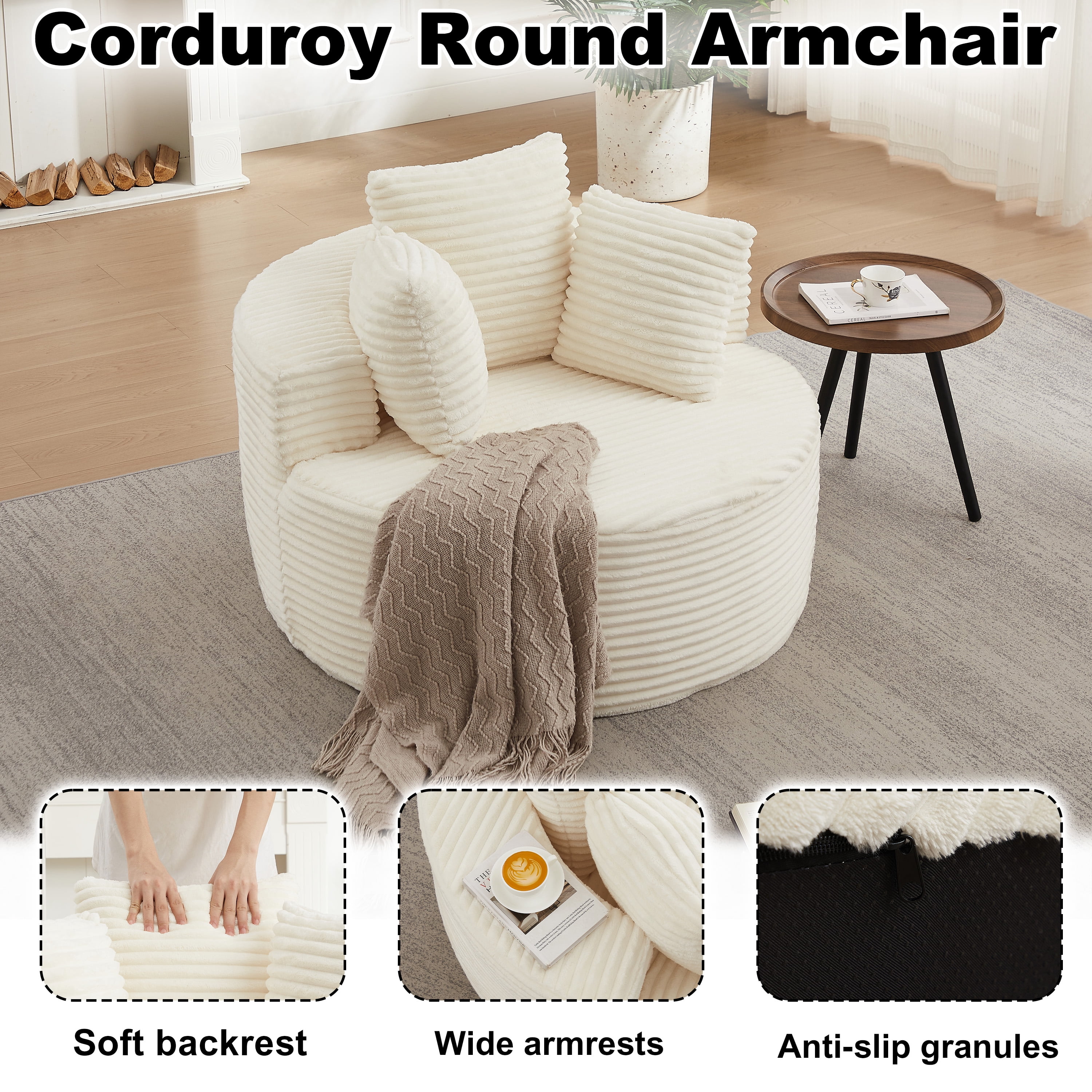 43 Inch Round Corduroy Single Sofa Lounge Chair with 3 Pillows, Spring Coil Filled Compressed Shipment Minimalist Accent Chair for Bedroom Living Room Game Room Lounge
