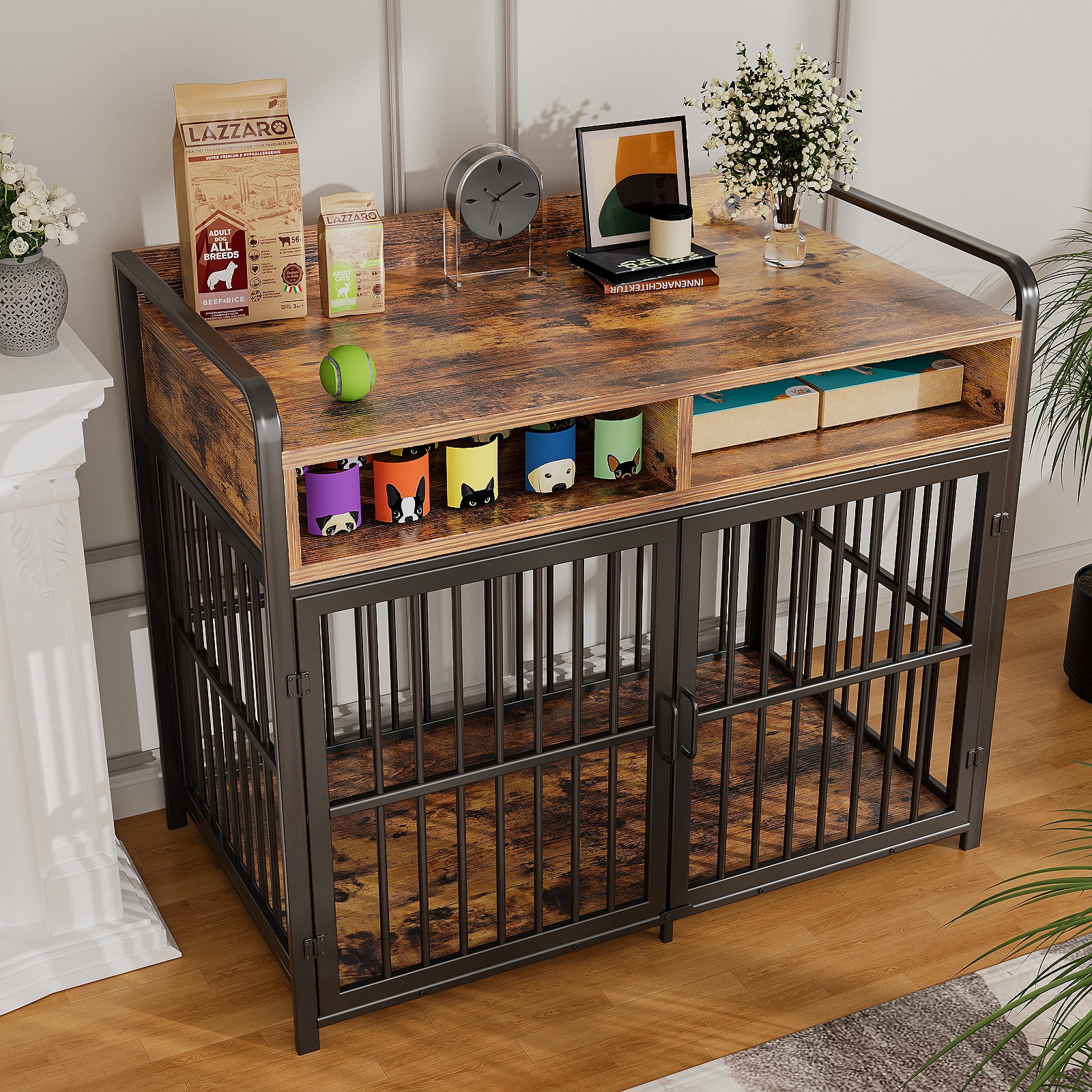 ModFurne Large Dog Crate Furniture with Drawers Storage, Puppy Dog Kennel Indoor with Double Doors, Brown