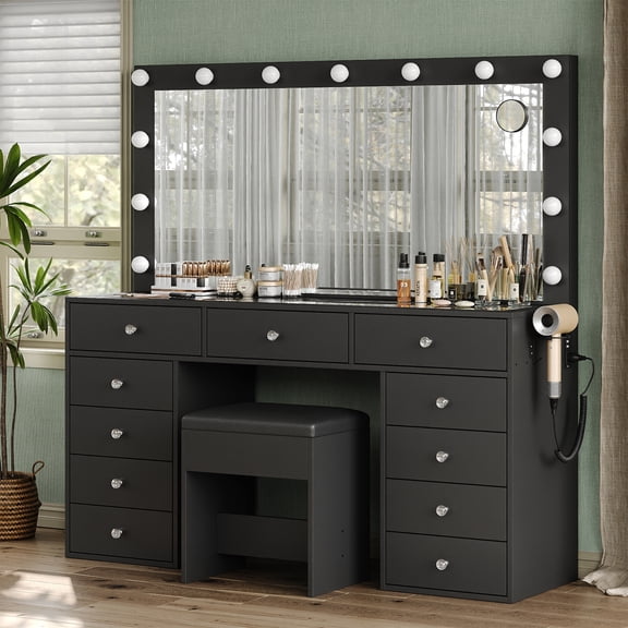 11 Drawers Vanity Desk, Makeup Vanity with Power Outlet, Vanity Table with Mirror and LED Bulbs, 3 Color Lighting Modes, Glass Top, Dressing Table for Bedroom,Black
