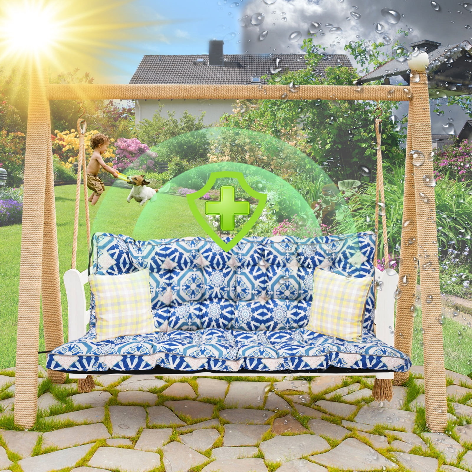 Porch Swing Cushion Thicken 4", 63" Swing Cushions 2-3 Seater Replacement, Waterproof Bench Cushions with Backrest, Anti-Fading Patio Swing Chair Pads for Outdoor Garden Furniture