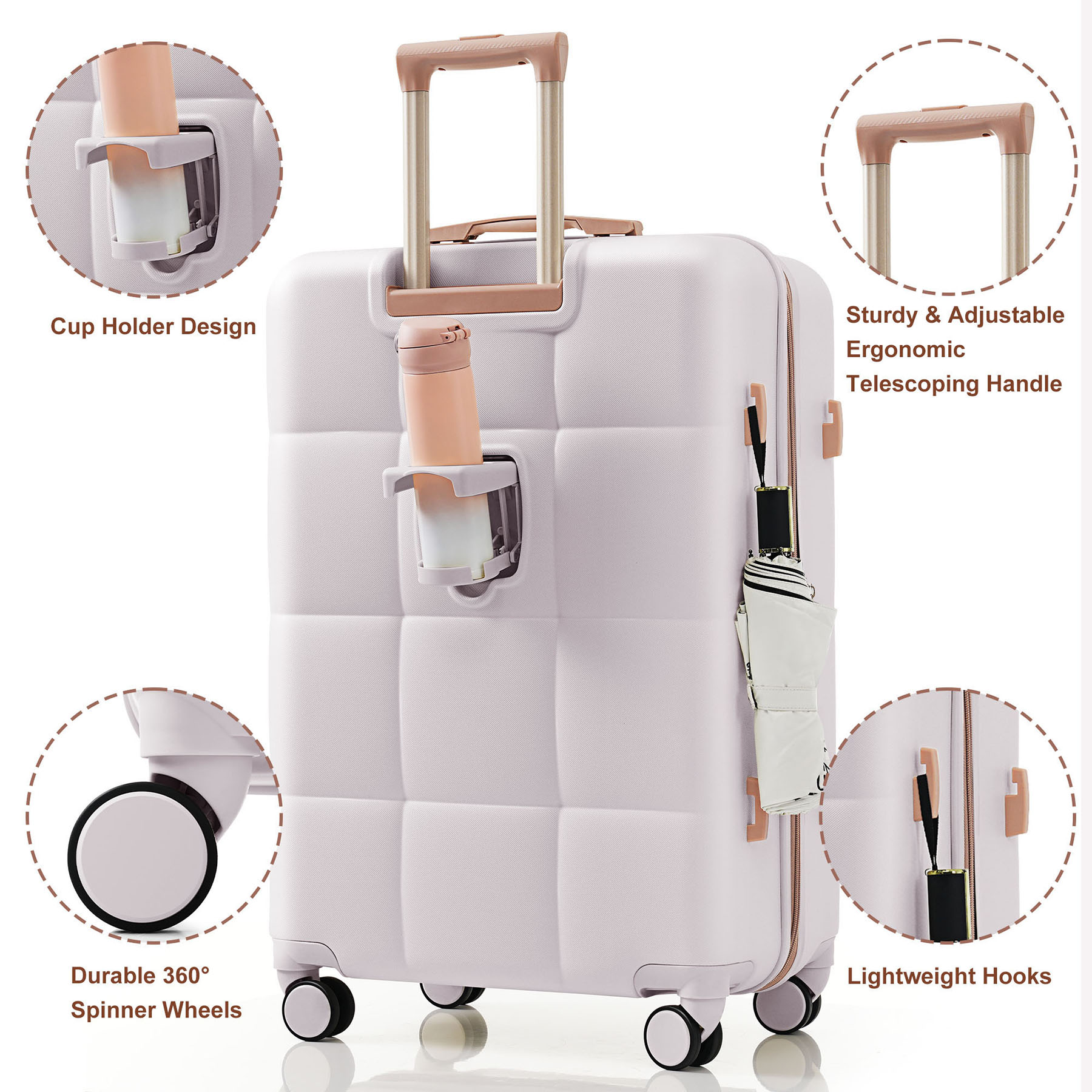 CQSXDA ABS Travel Luggage Set of 3 Airline Certified Carry-on Luggage with Cup Holder Durable ABS Hard Shell Luggage with Smooth Spinner Wheels , LIGHT GREY