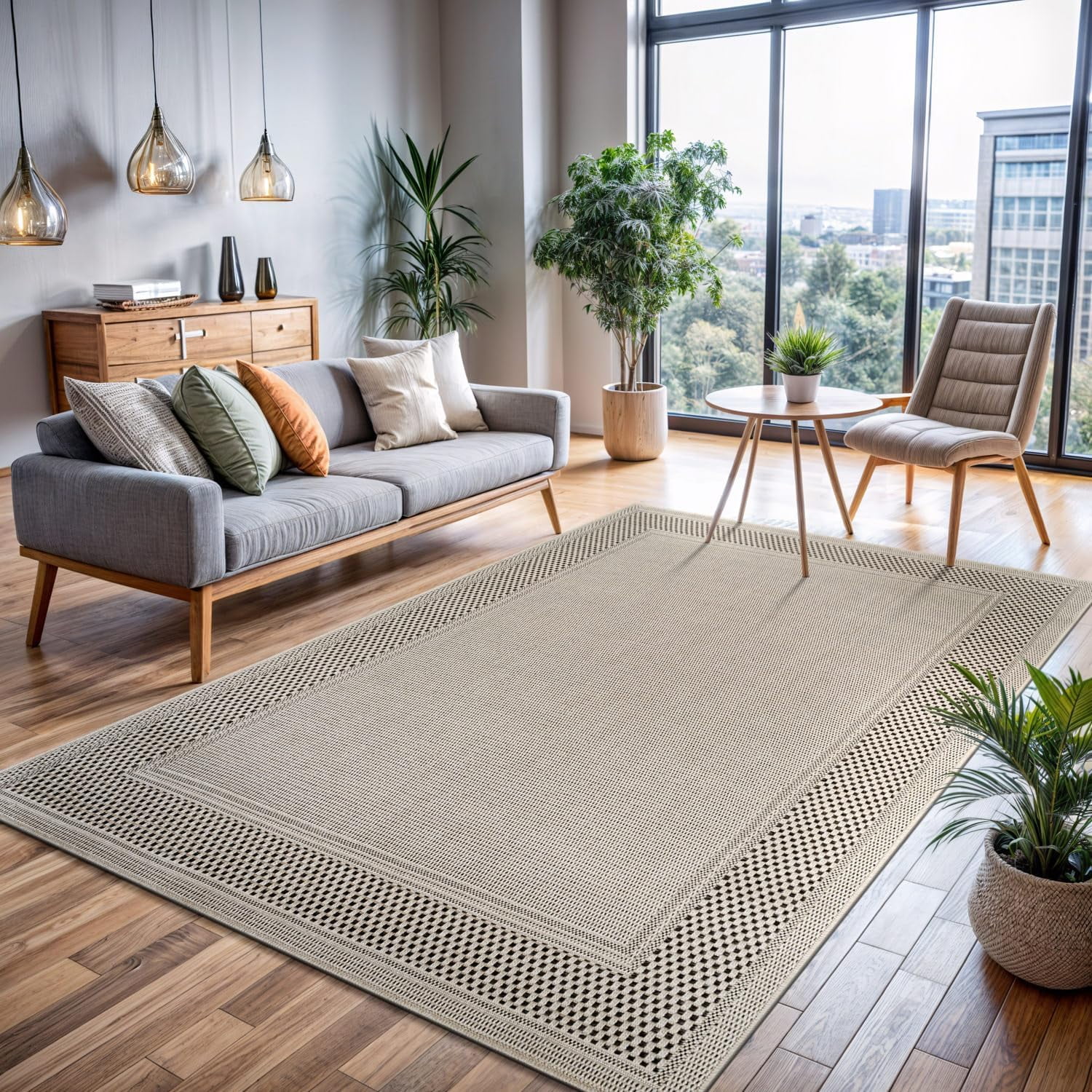 CAMILSON Bordered Non Shedding Easy-Cleaning Indoor Outdoor Easy Jute Rug Bone 5x7