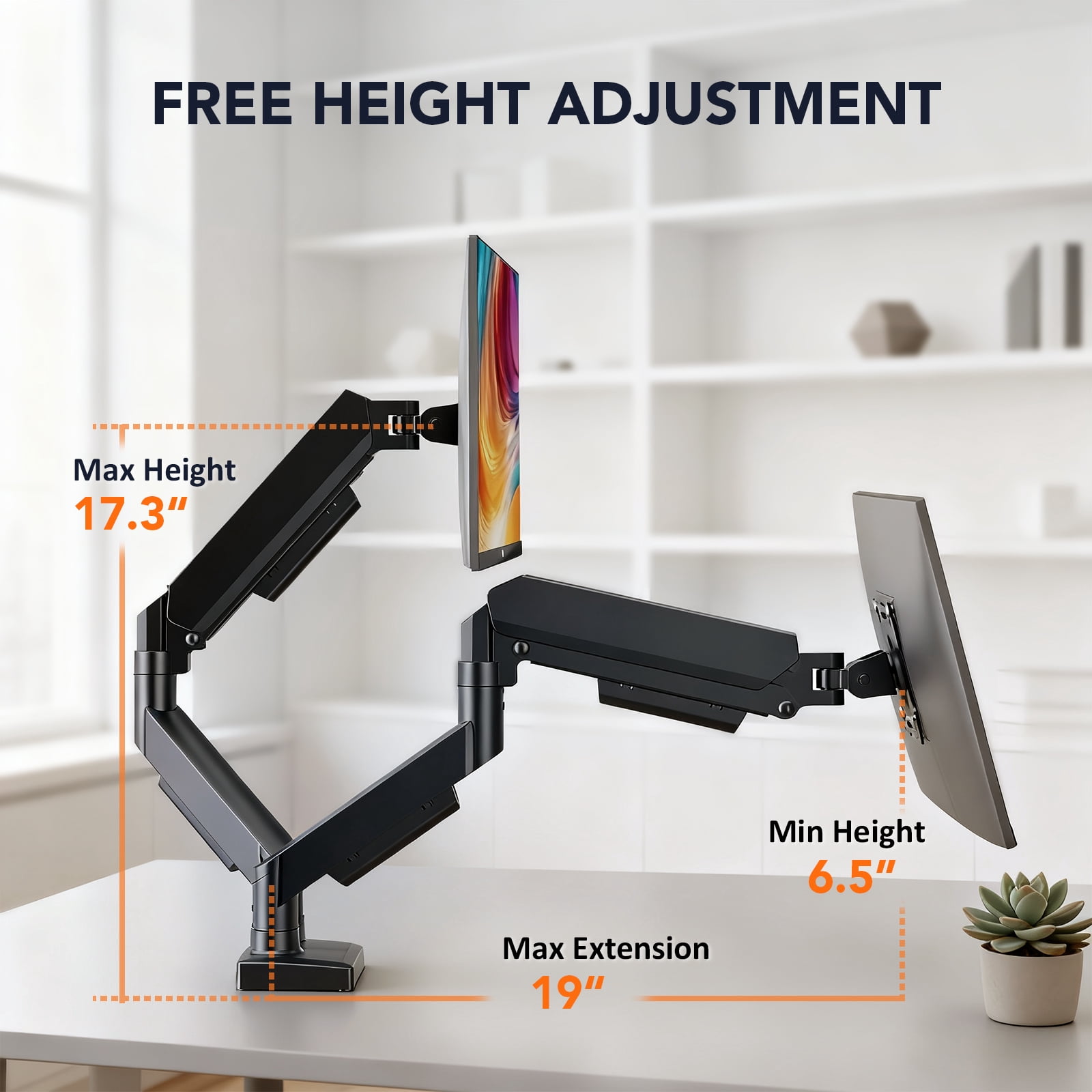 Dual Monitor Stand Adjustable Monitor Desk Mount for 17″–32″ Computer Screens, Full Motion VESA Pattern 75x75/100x100 with C-Clamp & Grommet Aluminum Base, Each Arm Holds 4.4 to 20 lbs HD09B-201