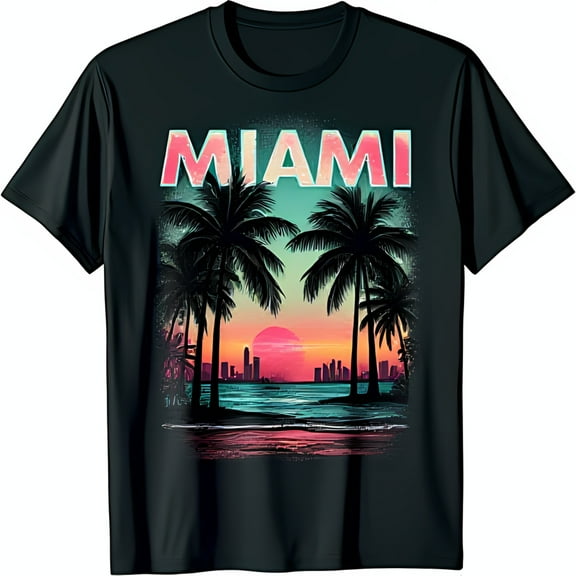 Vintage Black Neck T-Shirt with Bold MIAMI Graphic & Sunset Design