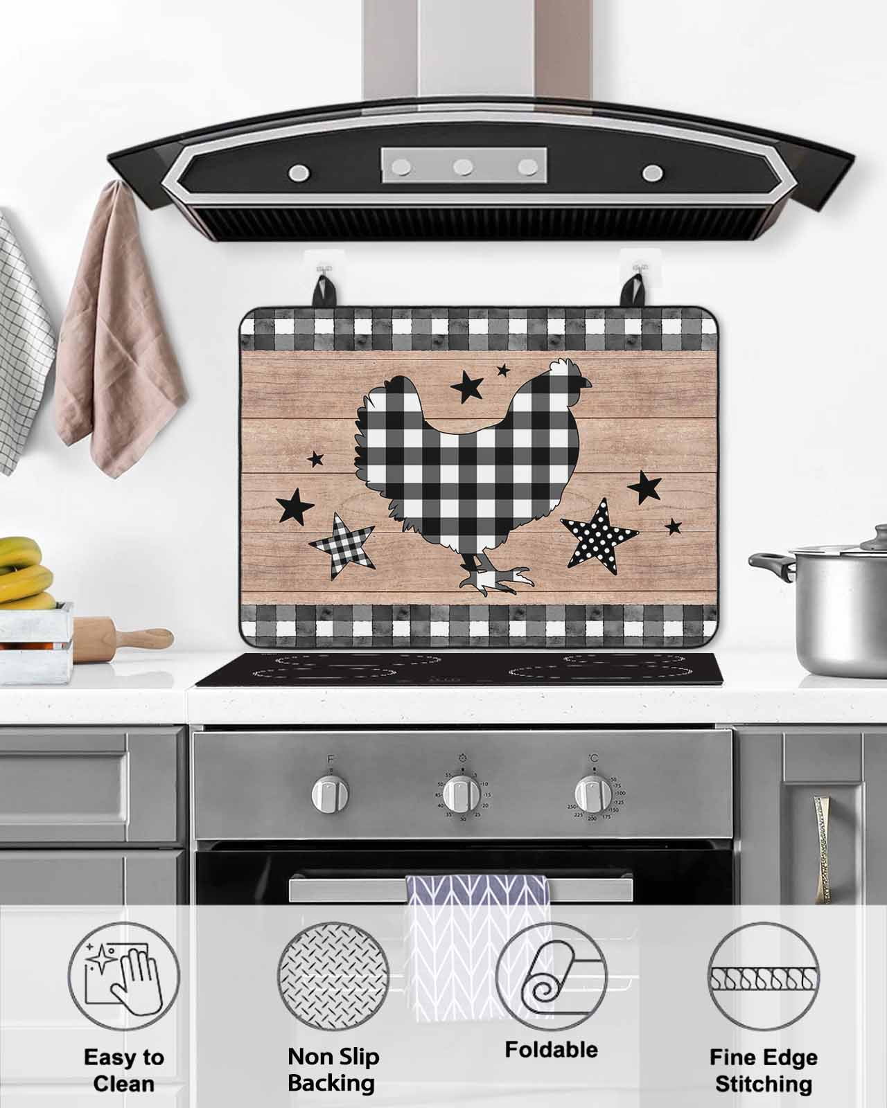 Large Induction Cooktop Protector Mat Chicken Hen Stove Top Covers for Electric Stove, Rooster Animals Farmhouse Plaid Brown Wooden Grain Decorative Stove Burner Cover Mats, Glass Top Stove Cover