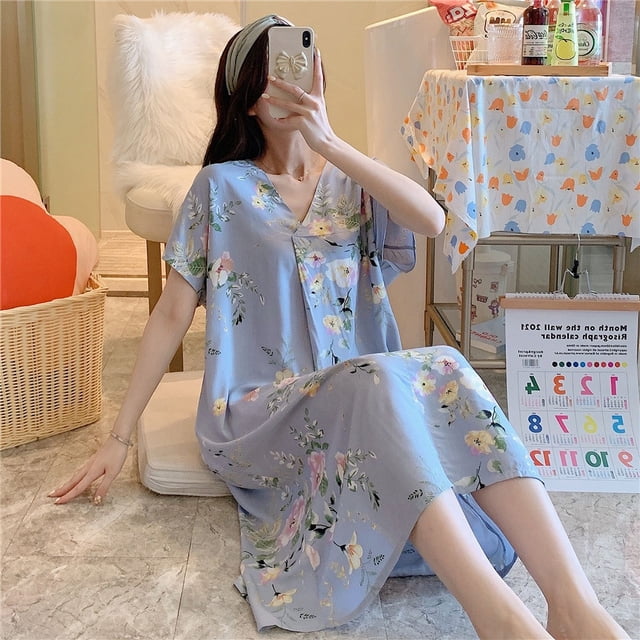 Camisón de seda de algodón para mujer, pijama de verano de manga corta con estampado de dibujos animados, estilo de talla grande, suelto, de seda de algodón, ropa de casa fina