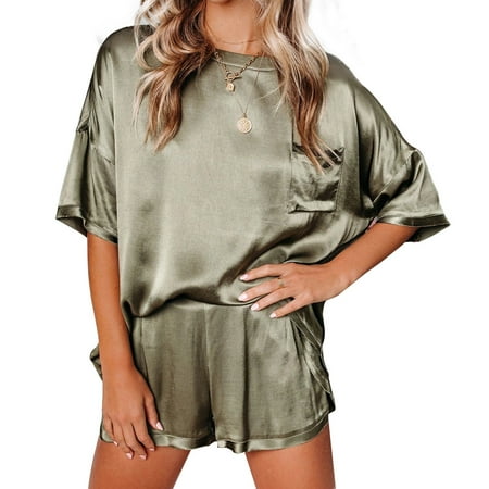 

HAWEE Women s Silk Satin Pajamas Set Two-piece Pj Sets Sleepwear Loungewear Short Sleeve Nightwear