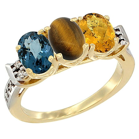 - 14K Yellow Gold Natural London Blue Topaz, Tiger Eye & Whisky Quartz Ring 3-Stone 7x5 mm Oval Diamond Accent, sizes 5 - 10