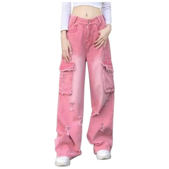 Women's Pants Summer Thin Washed Wide Leg Jeans Breathable Straight Leg Workwear Loose Pants Baggy Sweatpants for Women Pink XL