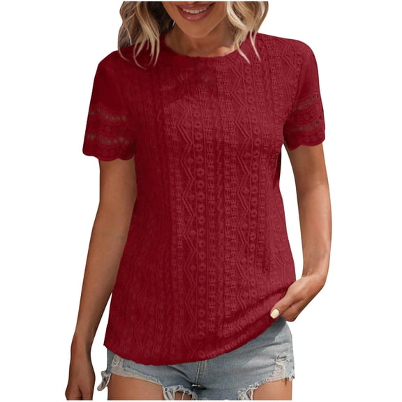 Women's Summer Tops Short Sleeve Round Neck Blouse with Ruching and Embroidery Eyelet Design, Casual Plain Color Breathable Shirt for Daily Wear