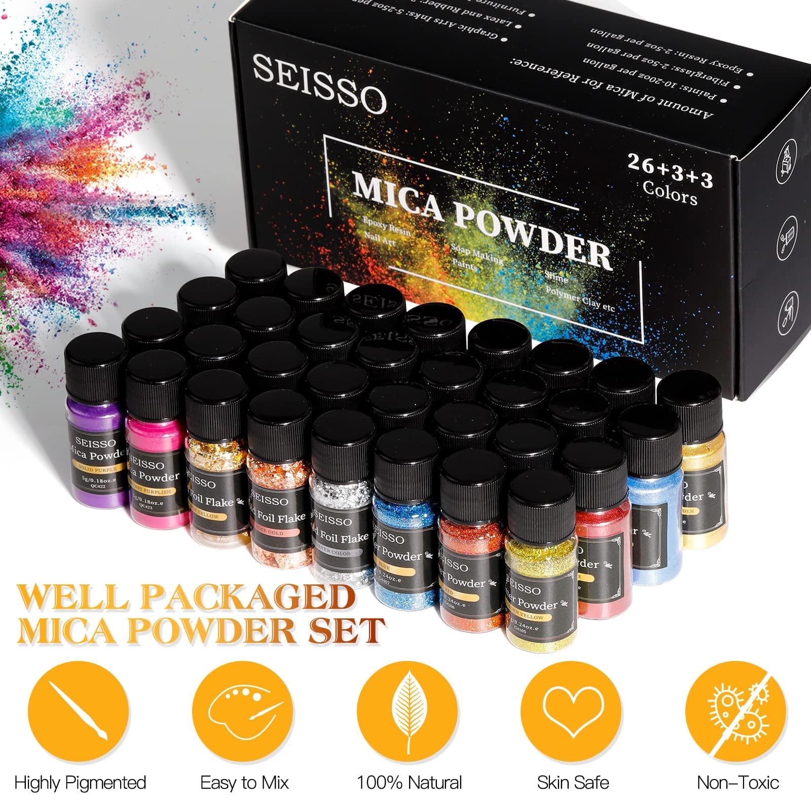 SEISSO Mica Powder-32 Colors Shimmery Mica Pigments in Jars, Natural Resin Epoxy Glitter Powder for Soap Making, Bath Bomb, Lip Gloss, Nail Polish, Slime Set(5g/0.18oz Each Color)