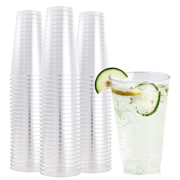 FOCUSLINE 100 Pack 16 oz Clear Plastic Cups, Disposable Cups Large Reusable Plastic Tumblers, Heavy-duty Clear Hard Cups 16 Ounce for Wedding Party, Thanksgiving, Halloween, Christmas
