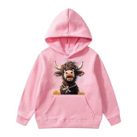 Tiweut Casual Girls Hoodies Kids Cute Cow Print Long Sleeve Hooded Comfortable Breathable Loose Fit Pullover Blouses 6-8 Y