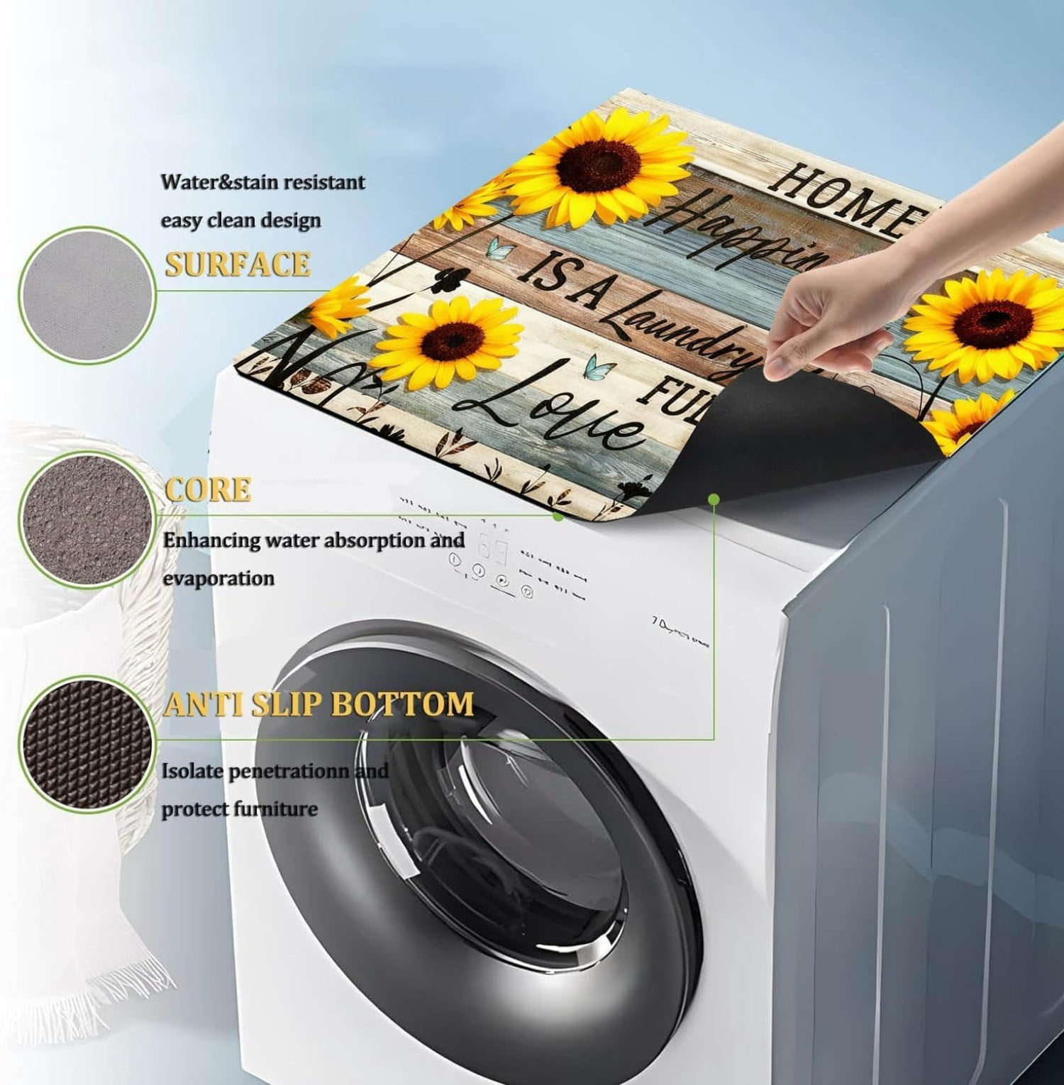 Vintage Sunflower Washer Dryer Top Cover, Retro Farmhouse Non-Slip Washing Machine Mat, Laundry Room Countertop Protector Pad, 23.6" x 19.7"