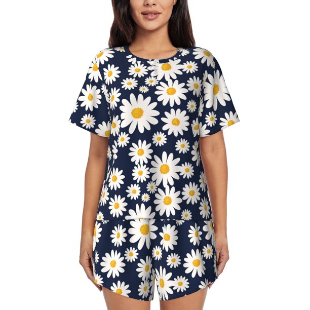 Balery Daisy Floral Conjunto de Pijama para Mujer con Estampado, Dos Piezas de Manga Corta y Shorts, Ropa de Dormir Suave con Cuello Redondo y Bolsillos-3X-Large