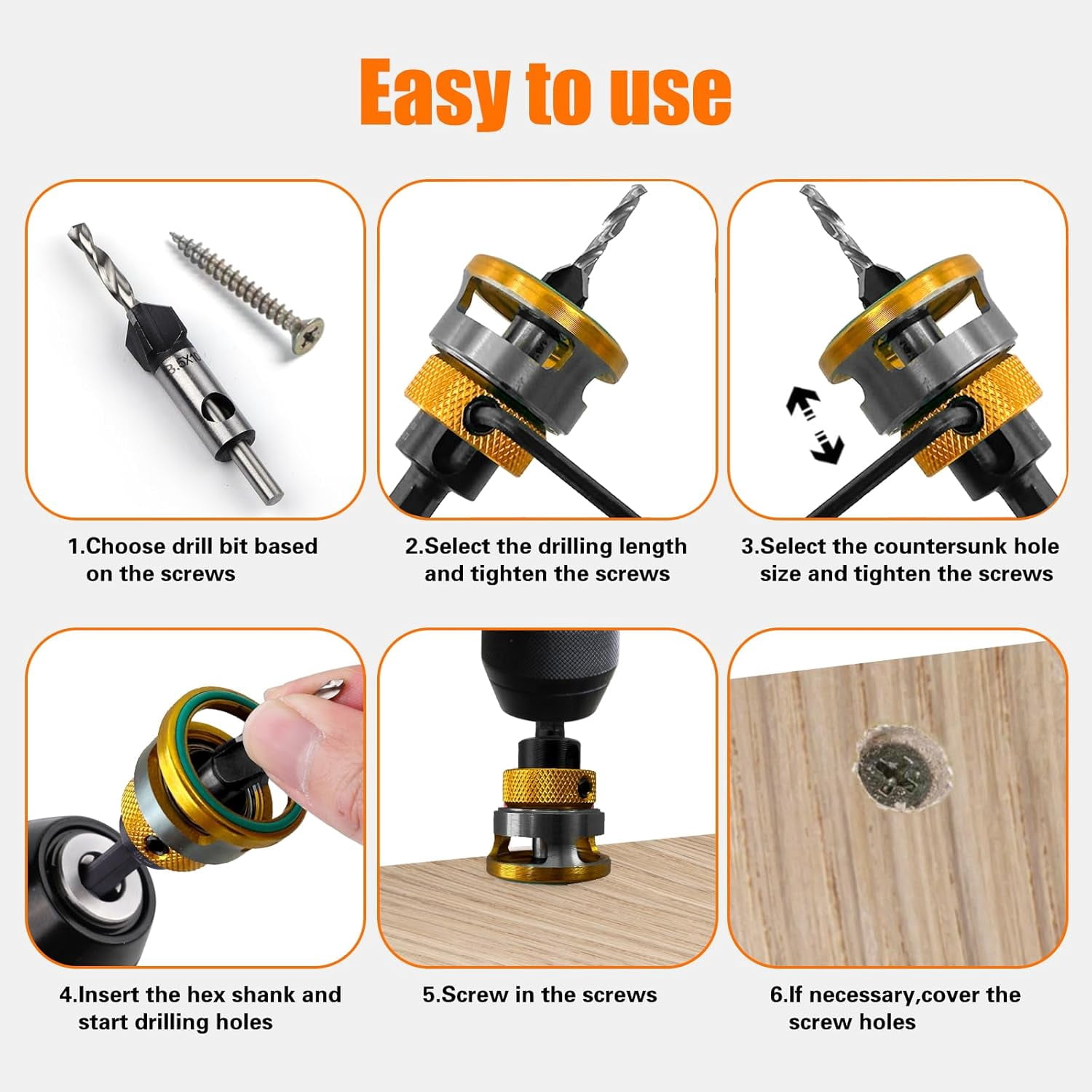 Countersink Drill Bit Set with Adjustable Depth Stop,HSS M2 Tapered Pilot Bits for Wood Plastic and Soft Metal, Woodworking Tool Kit (Red)