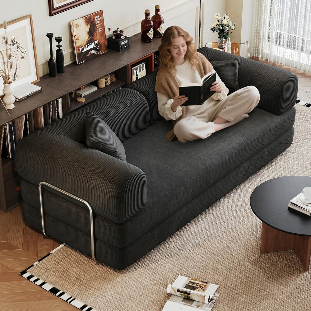 Barara King 78.8" Convertible Sofa Bed, Comfy Futon Sleeper with Pillow Back Support, Armrest, Modular Sectional Design, Boneless Loveseats for Living Room, Bedroom, Corduroy, Black