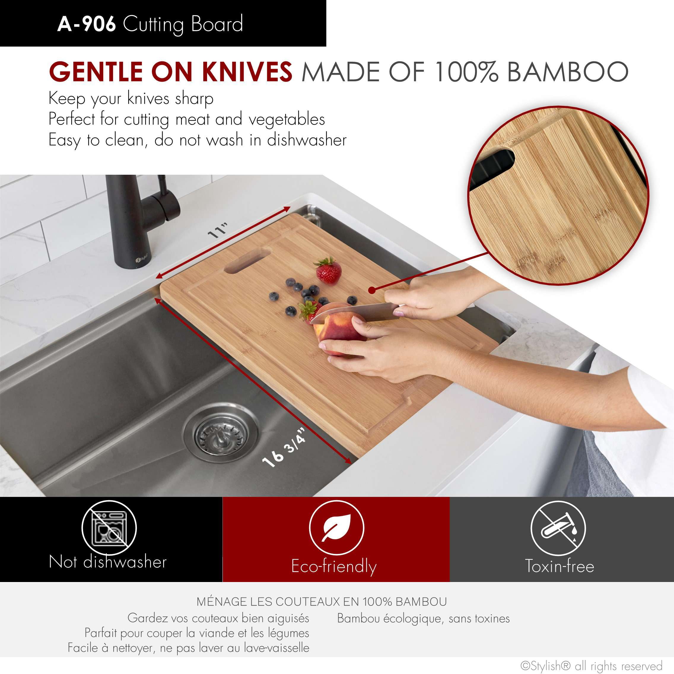 Stylish Stainless Steel Colander (16" x 8"), Gray Silicone Drying Rack (16 ¾" x 13 ⅛") & Bamboo Cutting Board (16 ¾" x 11"), A-919KIT