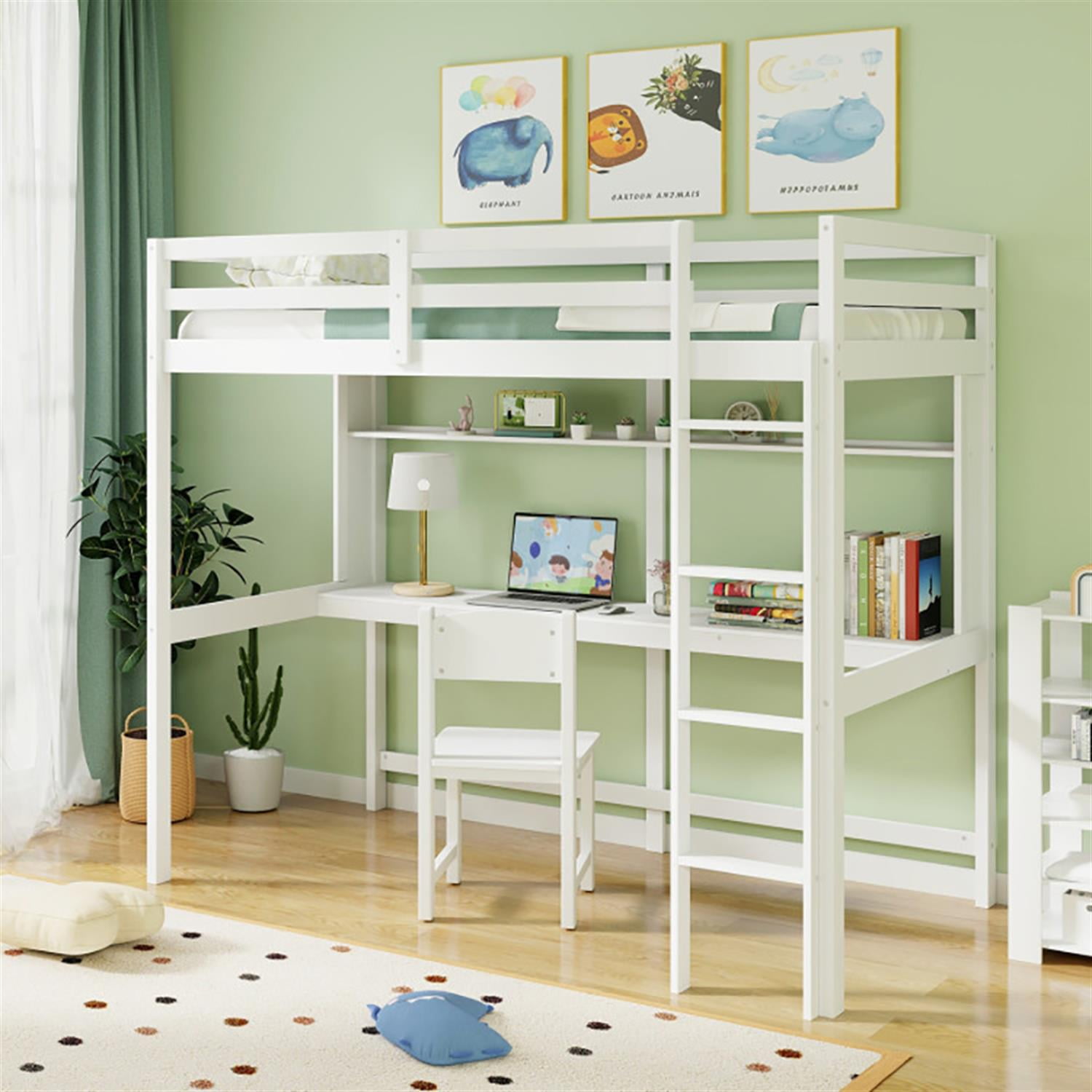 Demi Bonn Loft Bed Twin Size, Solid Wood Low Loft Bed with Guard Rail and Ladder, Modern Wooden Loft Bunk Bed Frame, White