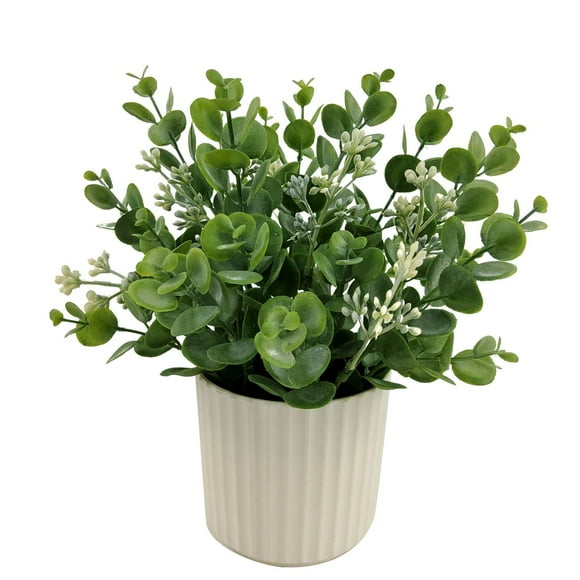 Mainstays 10 in Artificial Seeded Eucalyptus Plant in White Pot, Green Color.