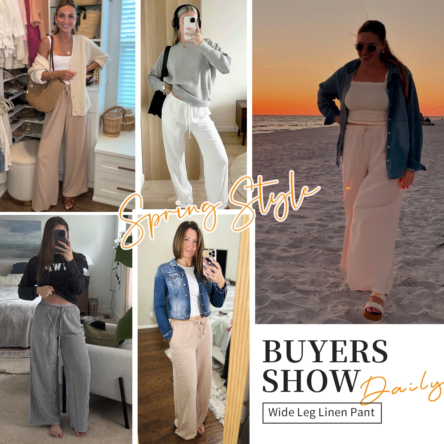 TEMOFON Pants for Women Wide Leg Linen Pant Summer Casual Palazzo Khaki Flowy Pants with Pocket Drawstring Loose Lightweight Pants L