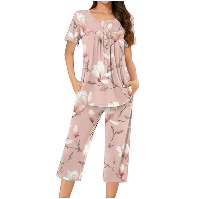 Rbaofujie Pantalon Court Vêtements de Nuit Femmes Décontracté Col Rond Manches Courtes Blouse Mode Pantalon Pyjama Ensemble Chemise de Nuit pour Femmes Liquidation