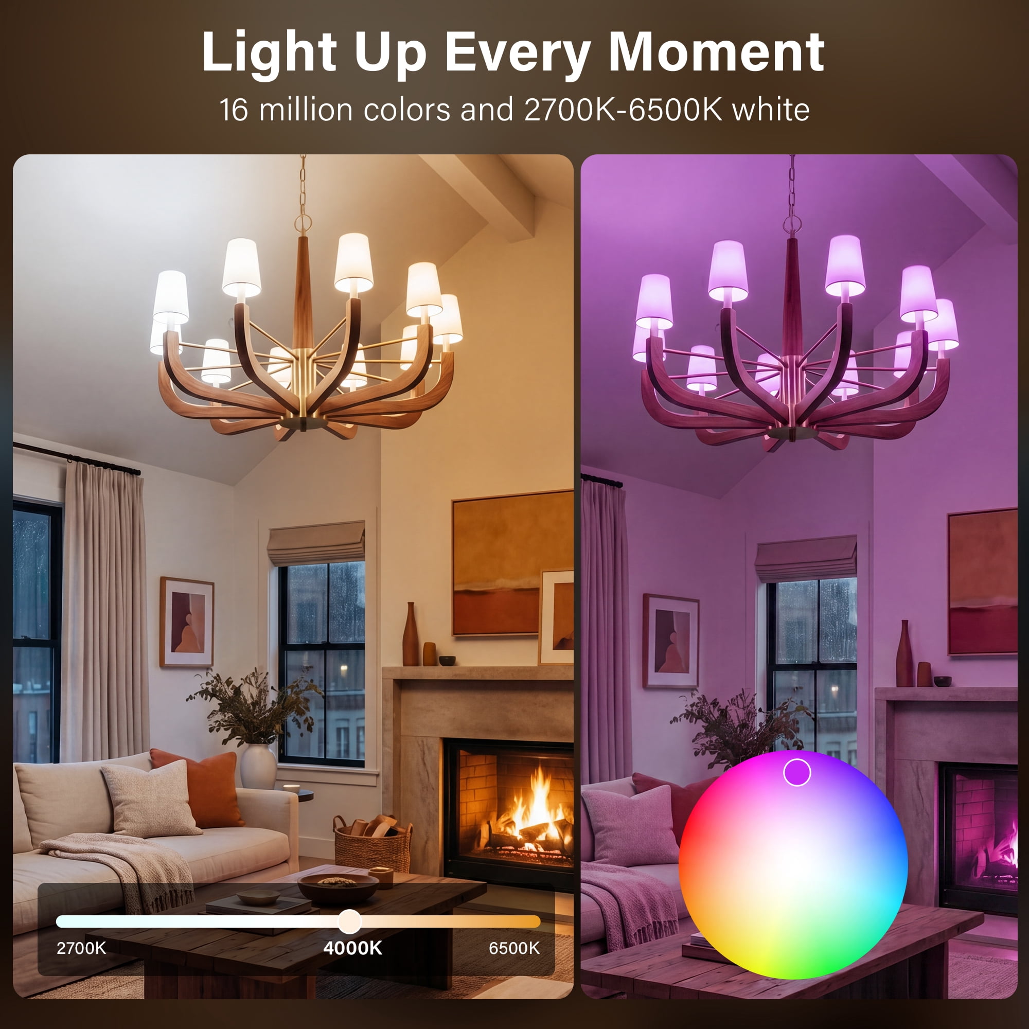 4 Pack E12 Smart WiFi LED Light Bulbs Music Sync RGB+CCT Color Changing Dimmable Candle Bulbs App & Voice Control Compatible with Alexa Google Home Timer & Group Control 2.4GHz WiFi