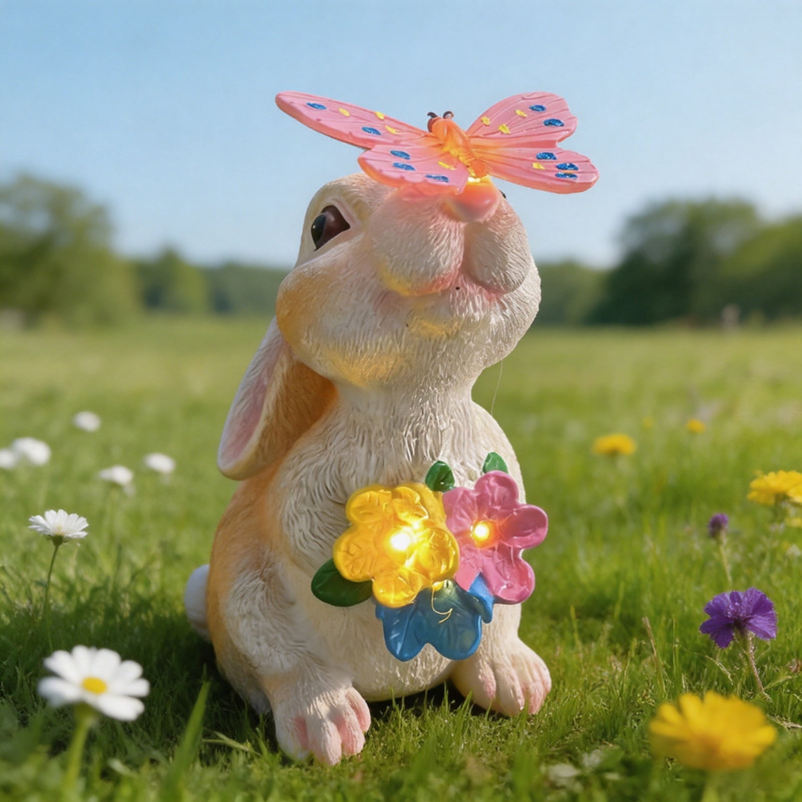 wutoase Bunny Garden Statue, Resin Rabbit Figurine with Butterfly, Waterproof Yard Art for Patio Balcony Lawn House