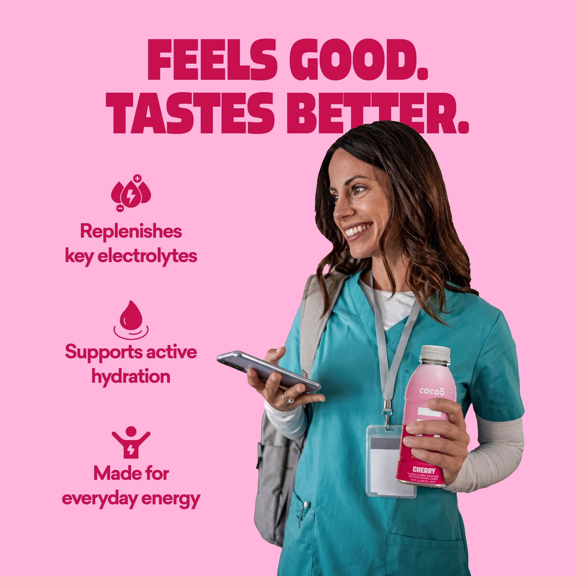 COCO5 Cherry Coconut Water, Active Hydration Electrolyte Drink, 50% Less Sugar, Caffeine Free, Vegan, 16.9 oz, 12 Count