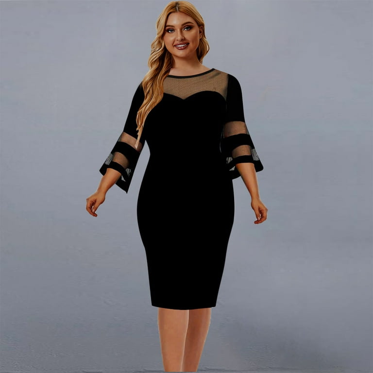 Women's Large Patchwork Dress Hip Wrap Skirt Long Sleeve Casual Swing Dress  Longuette Dress Black L