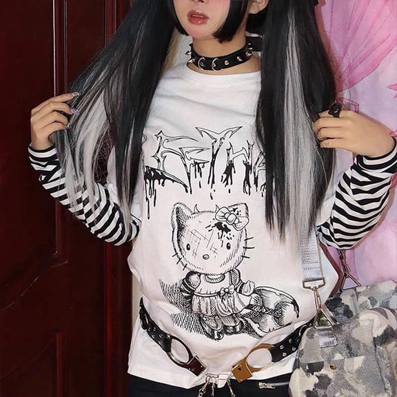 Hello Kittys Cute Tops Women's T Shirt Fashion Loose Fake Two Piece Long Sleeved T-Shirt
