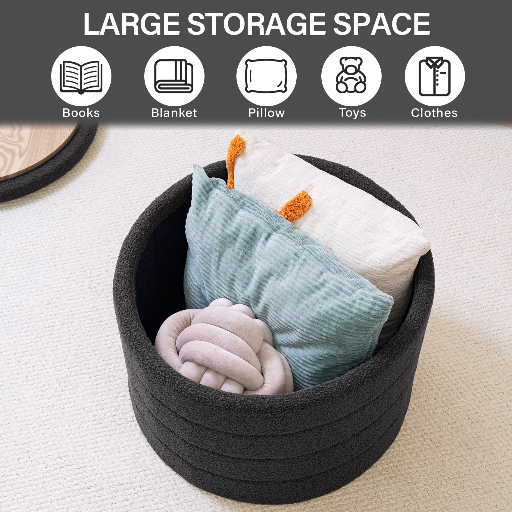 B FSOBEIIALEO Round Boucle Storage Ottoman with Tray for Living Room, Perfect for Adults & Kids with Extra Storage Space(Grey)