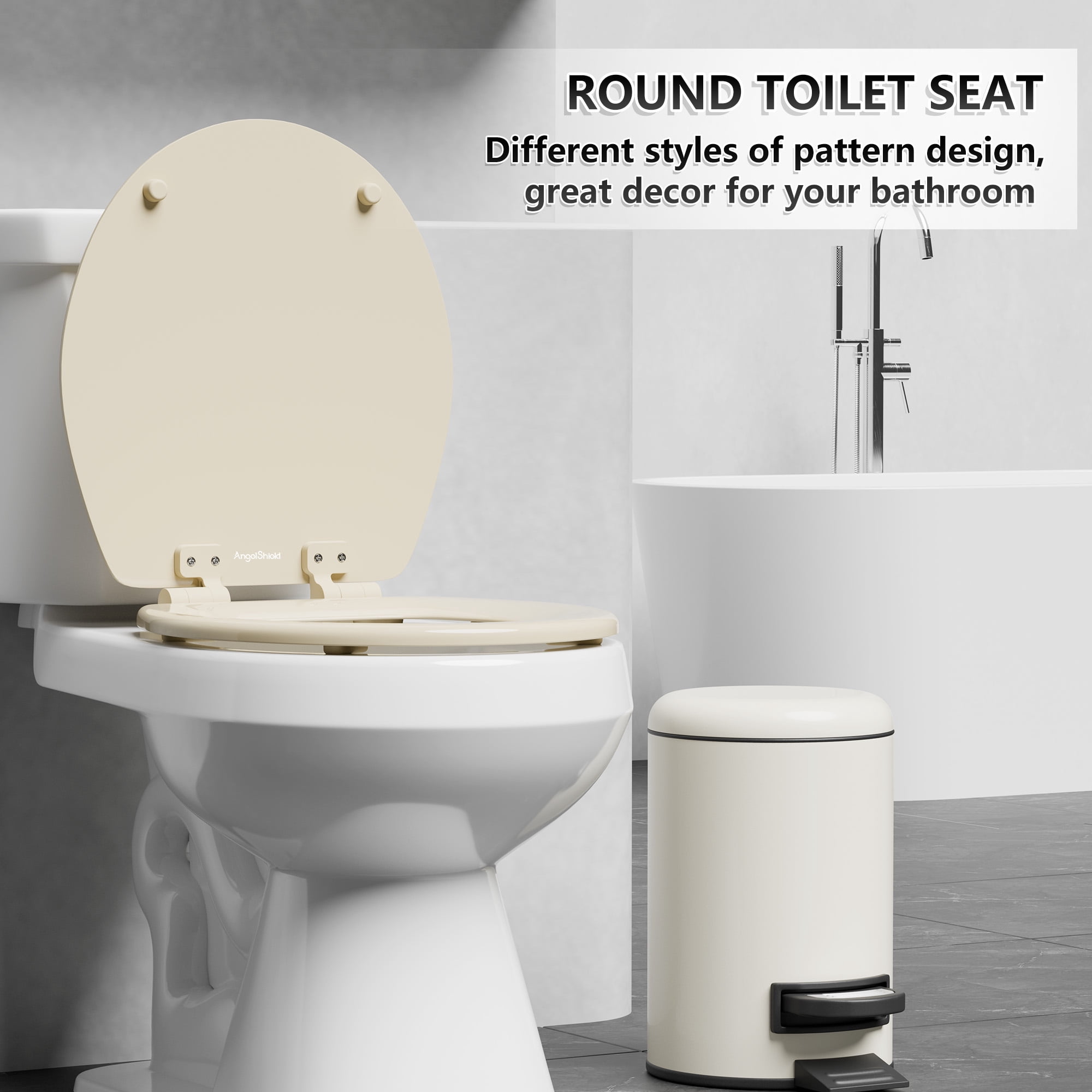 Angol Shiold Wood Toilet Seat with Non-Slip Adjustable Hinges, Quiet-Close ( Beige, Round 16.5'' )