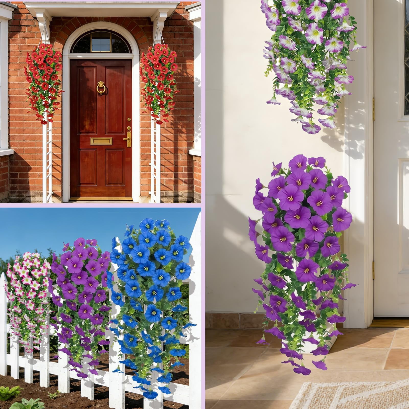 Artificial Hanging Flowers for Outdoors, 6 PCS Silk Morning Glory Artificial Flowers with Eucalyptus Leaves, UV Resistant Fake Flower Realistic Faux Plants for Home Patio Porch Garden0