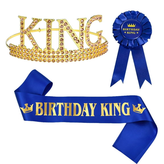 Gold Crown and Blue Sash with Badge Set, Men's Birthday Party Decorations, Royal Theme Celebration Accessories