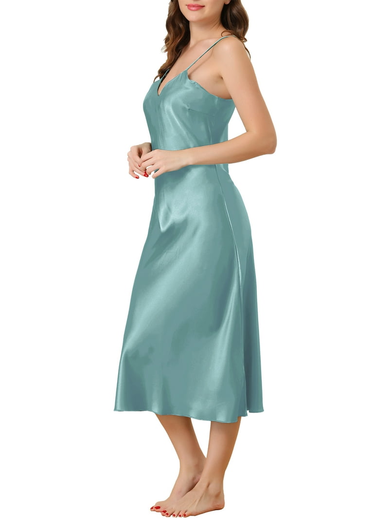 flowy sleep dress INSPIRE CHIC Women's Satin Long Nightgown Soft V-Neck Spaghetti Strap Sleepdress with Silhouette for Spring Summer L Gray Blue global-hip_fit-Column