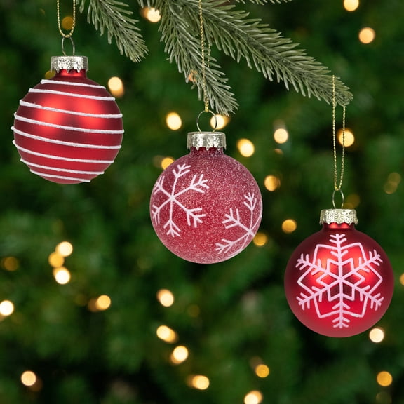 Northlight Snowflakes and Striped Glittered Glass Christmas Ornaments - 1.75-Inch (45mm) - Red -