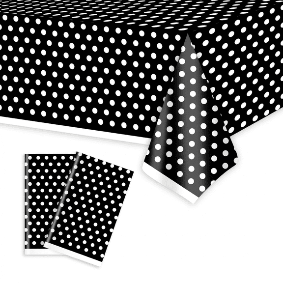 Disposable plastic tablecloth with black polka dots, 108 x 54 inches, waterproof, rectangular picnic tablecloth, suitable for parties.