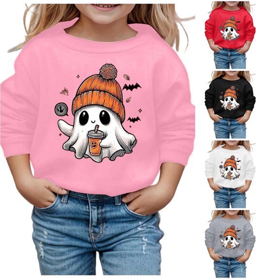Krdevn Kids Pom Pom Beanie Ghost Pumpkin Drink Bat Fall Leaf Graphic Crewneck Sweatshirt Long Sleeve Casual Pullover Top for Halloween Holiday Outfit Pink,5-6 Years
