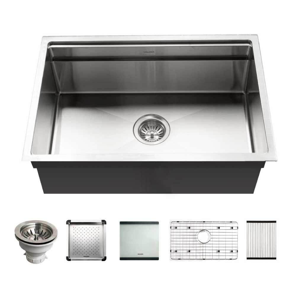 Satin Brushed Steel Houzer NVS-2600 Novus Sliding Dual Platform Workstation Kitchen Sink