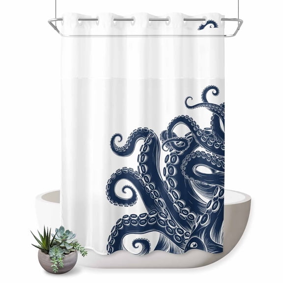 No Hook Shower Curtain, Navy Blue Octopus Shower Curtains for Bathroom with See Through Top Window, Coastal Ocean Animals Nautical Waterproof & Washable Bath Curtain Stall 48"x72"