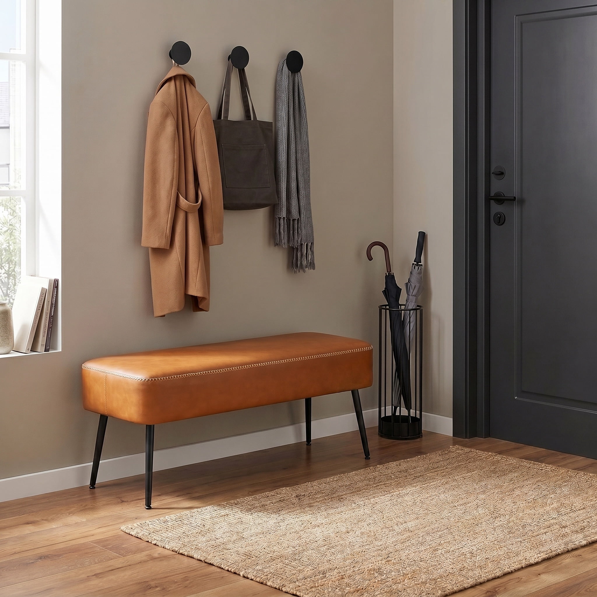 Nordic Hygge Mid-Century Modern Entryway Bench, Caramel Brown