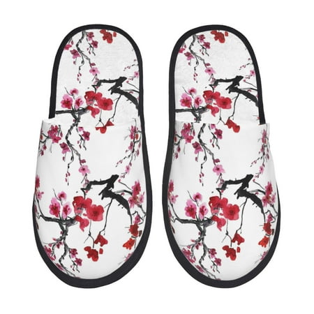 Balery Cherry Blossoms Slient Indoor Furry Fleece Comfort House Shoes Soft Non-Slip Home Shoes Cotton slippers House Slippers-- Medium