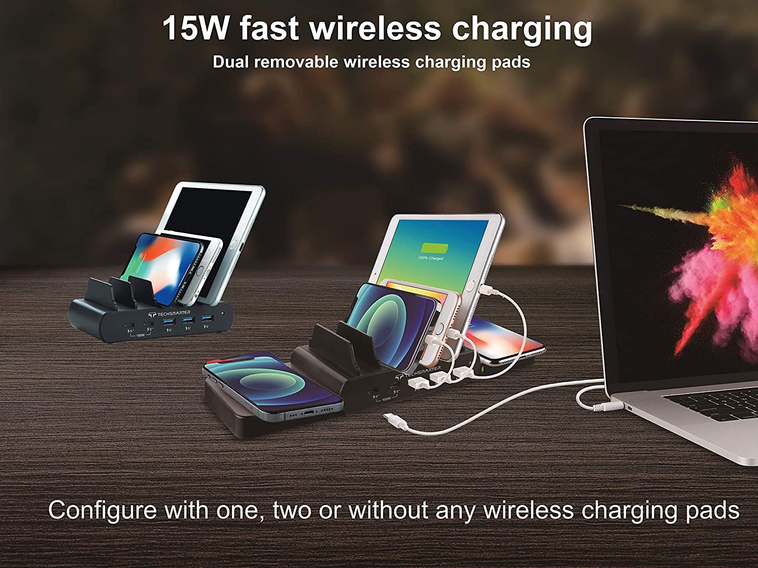 Techsmarter 7-Port Charging Station with 100W Dual USB-C PD, Dual 15W Wireless Charger, Three 18W Fast Charging USB Ports. Compatible with MacBook, iPad, iPhone, Samsung, Dell, HP, ThinkPad, Yoga