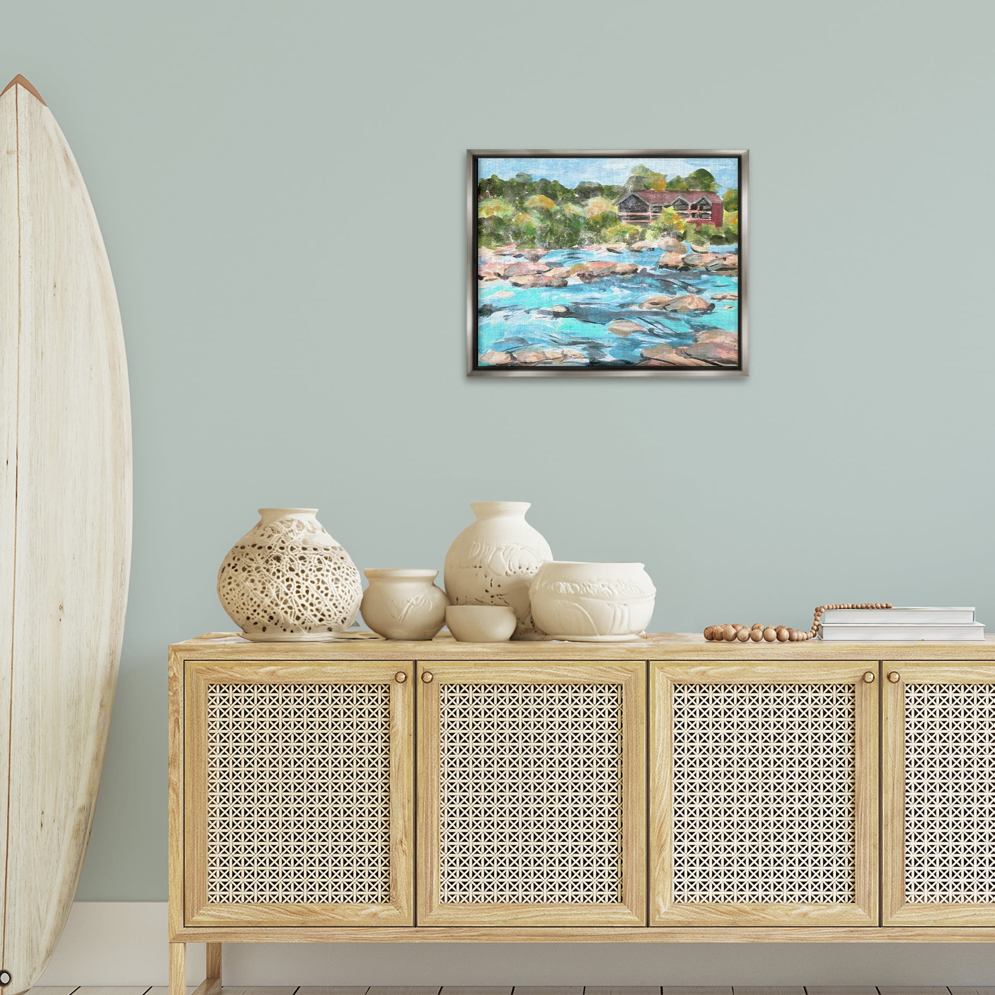 Stupell Industries Rocky River Landscape Landscape Painting Gray Floater Framed Canvas Art Print Wall Art, 21 x 17