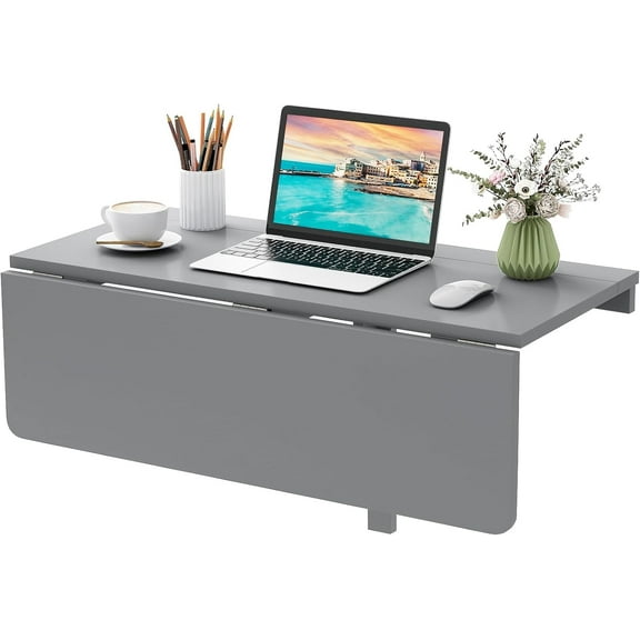 ZYPPP Wall Mounted Folding Table, 31.5" x 23.5" Wood Murphy Desk Drop-Leaf Table, Space Saving Foldable Floating Desk, Wall Desk Fold Down for Small Spaces, Study, Bedroom, Bathroom (Gray)