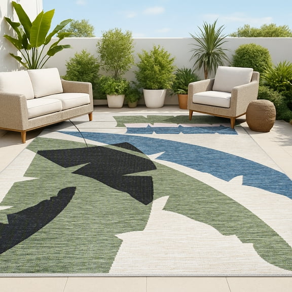 JONATHAN Y TUSCAN SUN 8 x 10 Area Rug, Shelby Coastal Vintage Abstract Palm Leaf - Navy/Cream, TSN403A-8