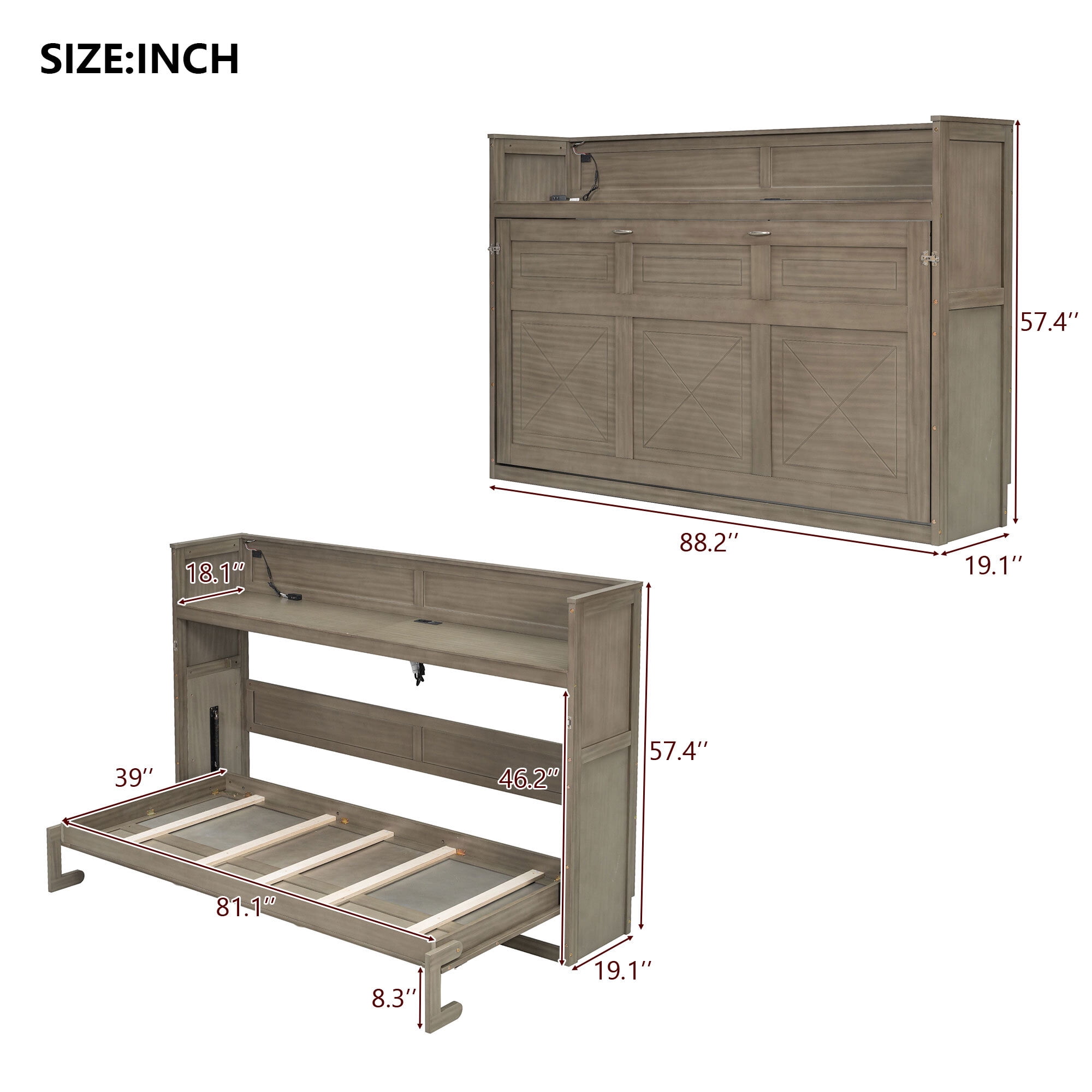 Euroco Wood Twin XL Murphy Bed with Desk and LED Light, Storage Wall Bed with USB Charging Station