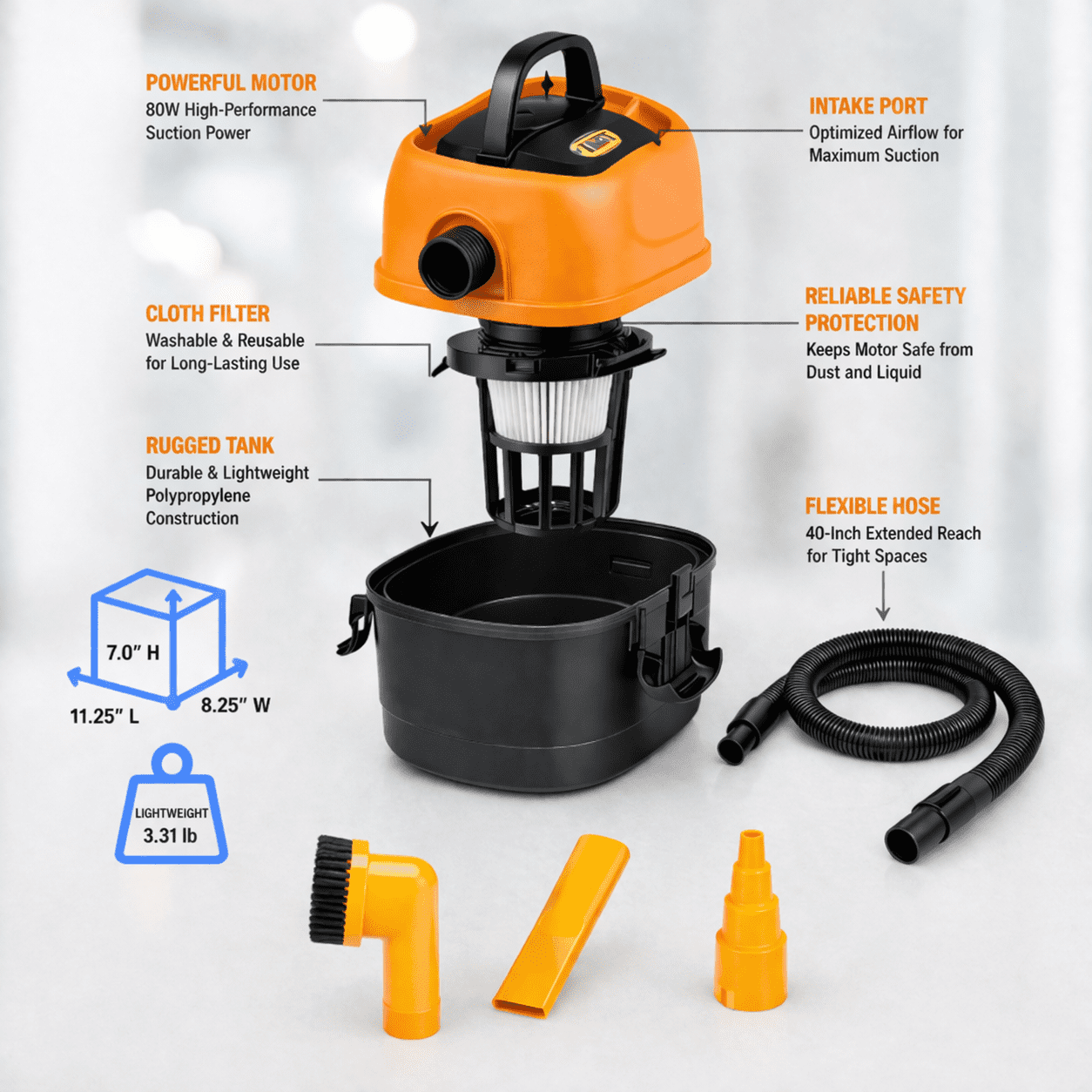 12V Portable Wet Dry Vacuum Cleaner for Car Interior Cleaning High Power 80W Suction Handheld Design with Extended Hose for Dust Removal Automotive Cleaning Device Lightweight Multipurpose Cleaner