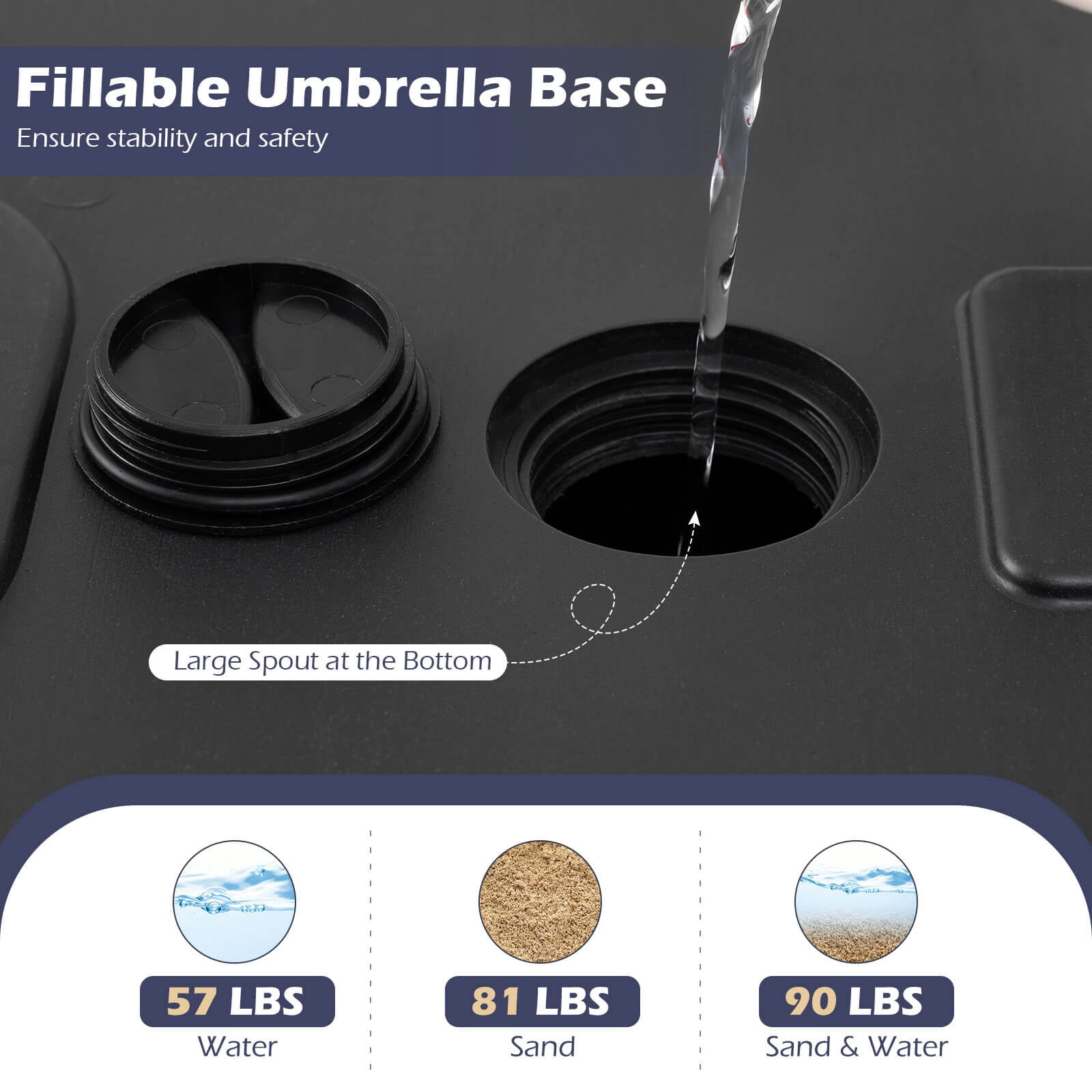 Costway Fillable Umbrella Base 90 LBS Heavy Duty with 2 Wheels, Water/Sand Filled